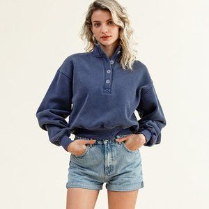 Martina Button-Collar Cropped Navy Sweatshirt